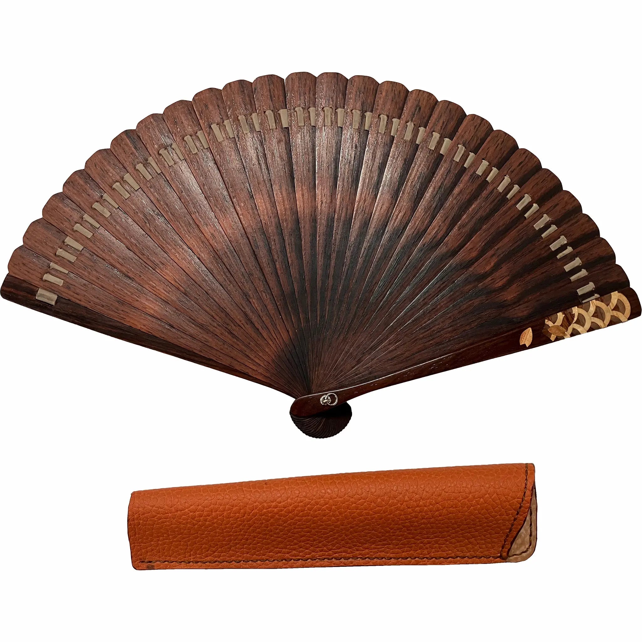 VALEDO, Firenze, Spain, inlaid wood, blue sea wave, leatherfolding fanin leather and paulownia wood box