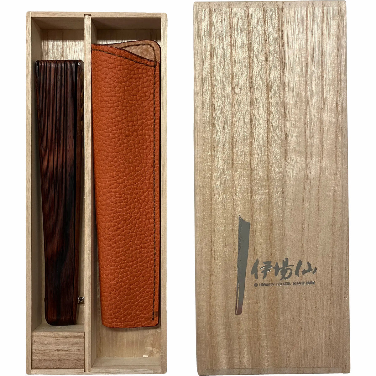 VALEDO, Firenze, Spain, inlaid wood, blue sea wave, leatherfolding fanin leather and paulownia wood box