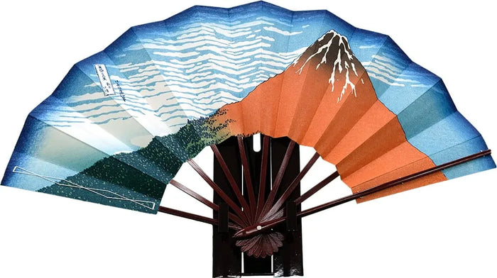 Ukiyoe woodblock print of Hokusai's "Fugaku Sanjurokkei" (Thirty-six views of Mt. Fuji), Red Fuji, in a box.folding fanwith box and stand