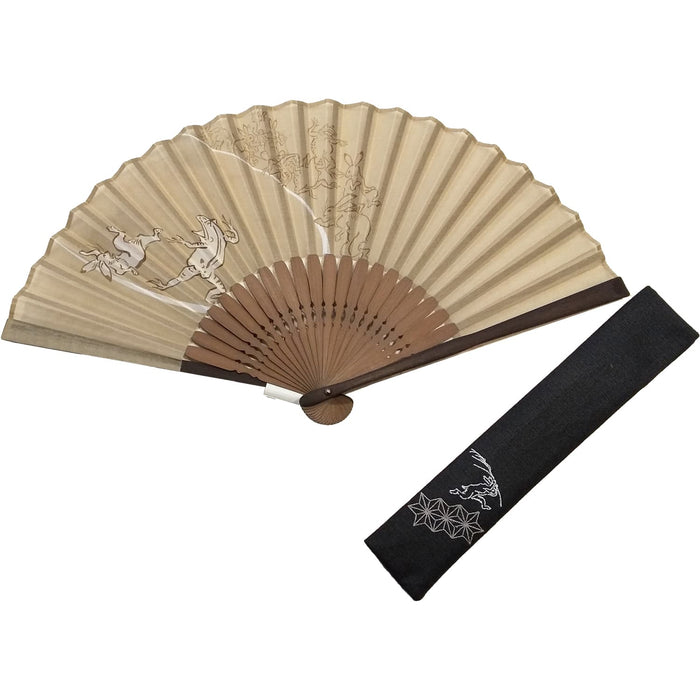 鳥獣戯画 布セット扇子 ベージュ 扇子袋付き