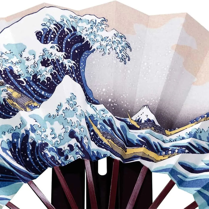 Ukiyoe woodblock-printed decorative fan, "Fugaku Sanjurokkei Hokusai, Kanagawa-oki Namiura" (36 Views of Mt. Fuji), box and box.folding fanwith box and stand