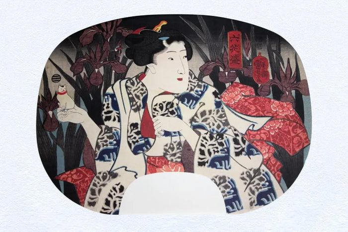 Ibaseneditionround fanNo.15 Kuniyoshi, Iris with six flowers