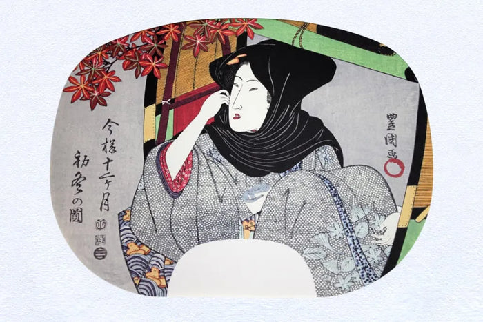 IbasenPeinture d'éventail imprimée d'Utagawa Toyokuni I. Les douze mois de l'Ima-Yoshu n° 10 Début de l'hiver (le dixième mois du calendrier lunaire).