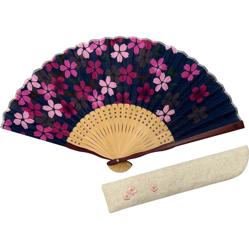 伊場仙オリジナル 桜扇子セット（扇子袋・紙箱入り）（紺）