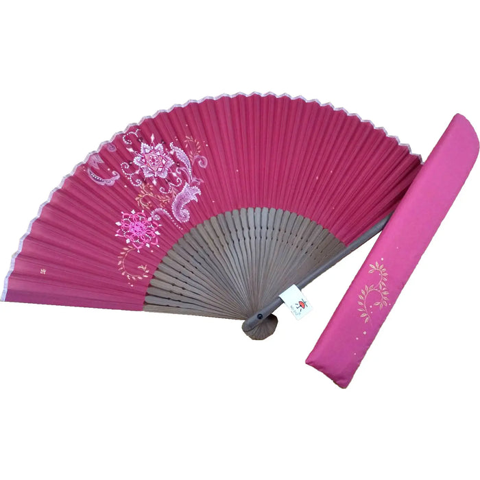 Copy of silk fan, strawberry color, with illustration of Christmas design, one of a kind, in paulownia box