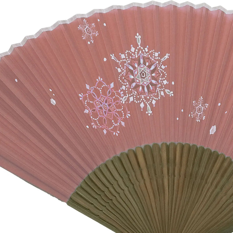 Snowflake illustration on silk fan, hand-painted + silk fan (coral and dragonflower colors only)