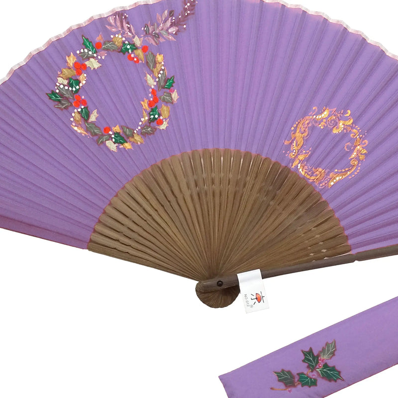 Christmas wreath illustration on a silk fan, hand-painted + silk fan (coral and dragonflower colors only)