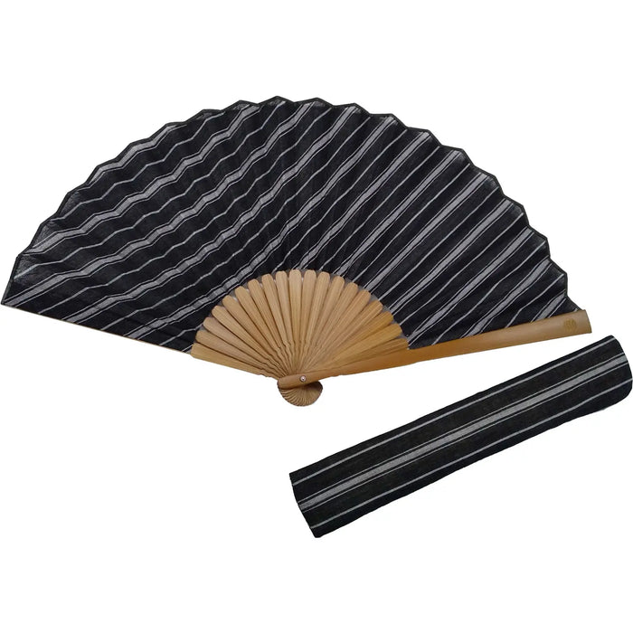 Ojiya-Shuku fan, black and white thick stripes, with fan pouch, in a paulownia wood box