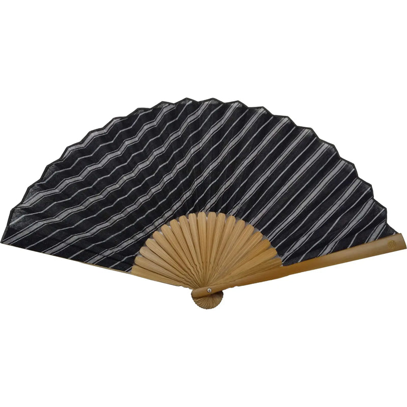 Ojiya-Shuku fan, black and white thick stripes, with fan pouch, in a paulownia wood box