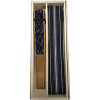 Ojiya-Shuku fan, black and white thick stripes, with fan pouch, in a paulownia wood box