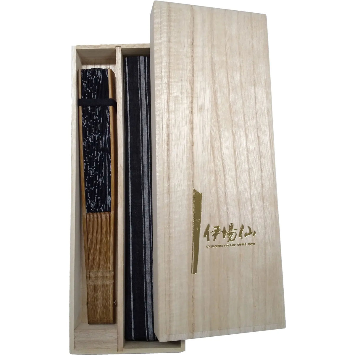 Eventail réduit Ojiya, rayures épaisses noires et blanches, avec sac à éventail, dans une boîte en bois de paulownia.