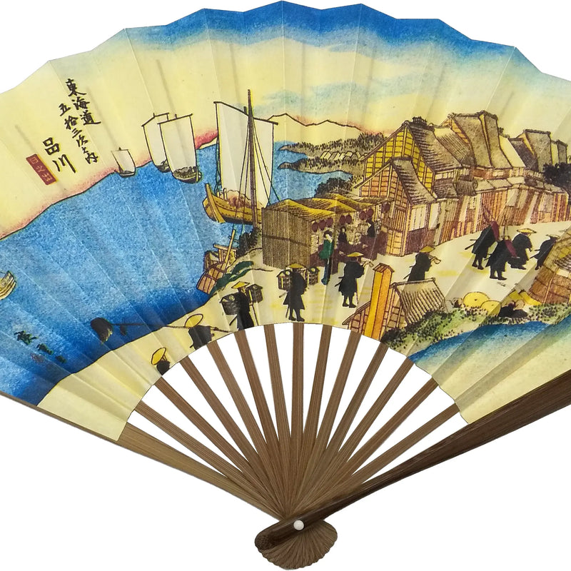 Edo folding fan No.32 Ukiyoe, 53 Stages of the Tokaido Highway, Shinagawa, Hinode