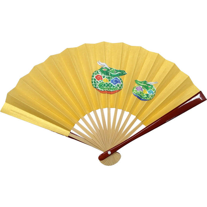 2024 Année du dragon Éventail du Nouvel An, cloche en argile, dragon parent et enfant, éventail marron.