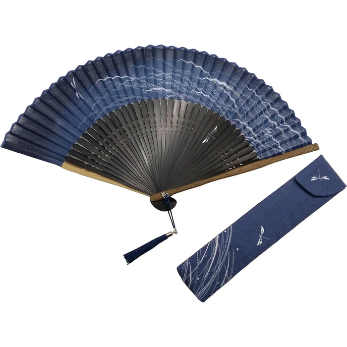 Set of folding fan and fan bag, summer haze, navy blue
