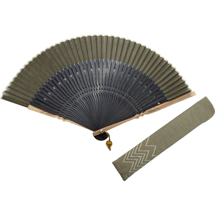 Fächer & Fächertaschen-Set, modernes Pfeil-Gasuri-grün, in Paulownia-Box.