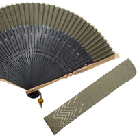 Fächer & Fächertaschen-Set, modernes Pfeil-Gasuri-grün, in Paulownia-Box.
