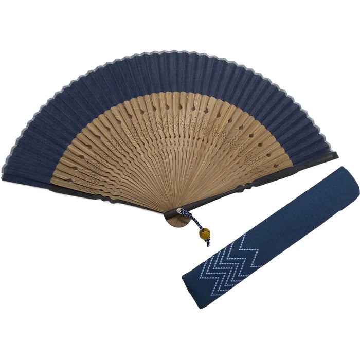 Fächer & Fächer-Taschen-Set, moderne Pfeil-Gasuri, marineblau, in Paulownia-Box.