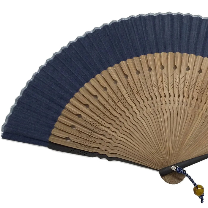 Set of folding fan and fan bag, with modern arrow-gasat pattern in navy blue paulownia box