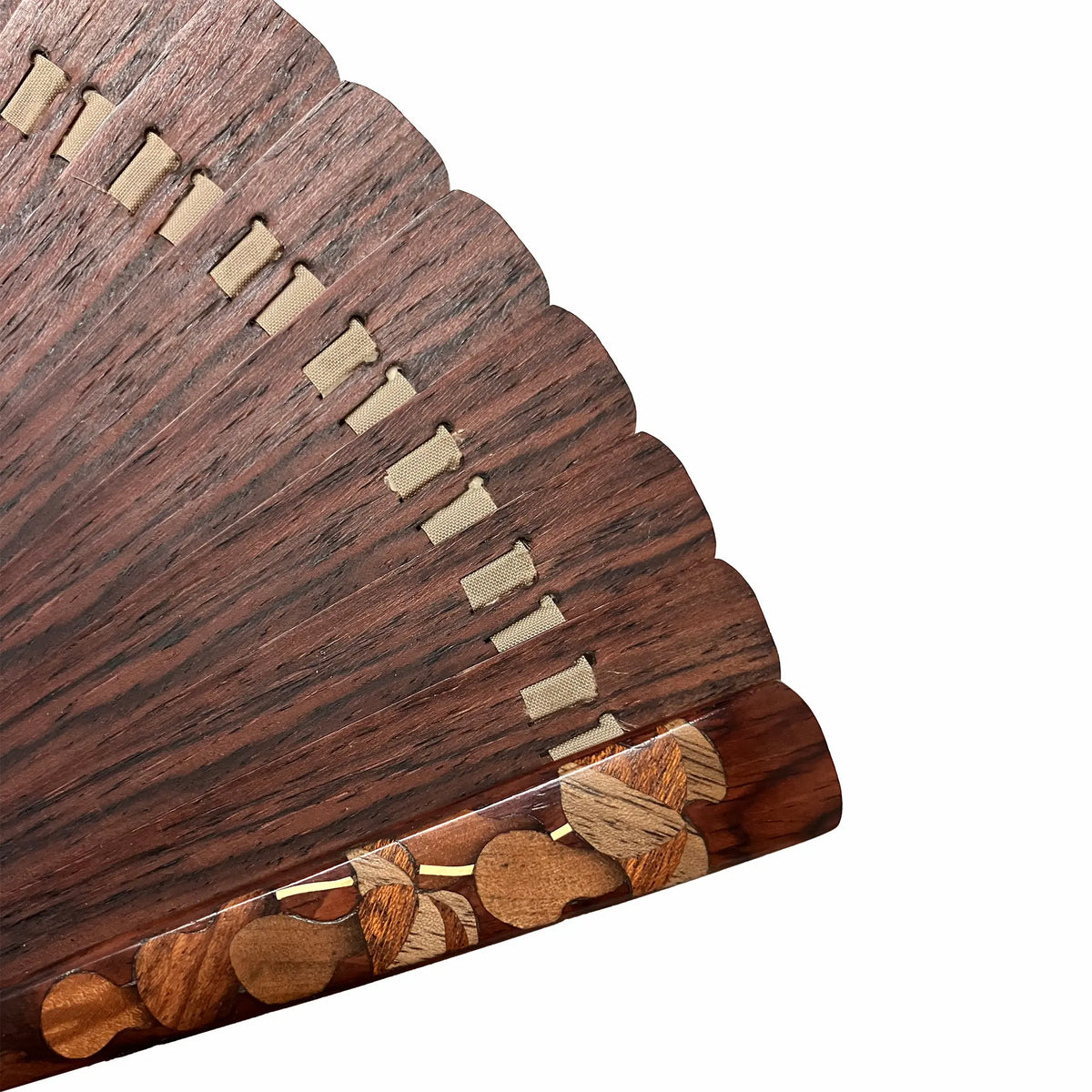 VALEDO, Florenz, Spanien, Fächerhalter aus Holz mit Intarsien, Kürbis und Leder, in Paulownia-Schachtel.