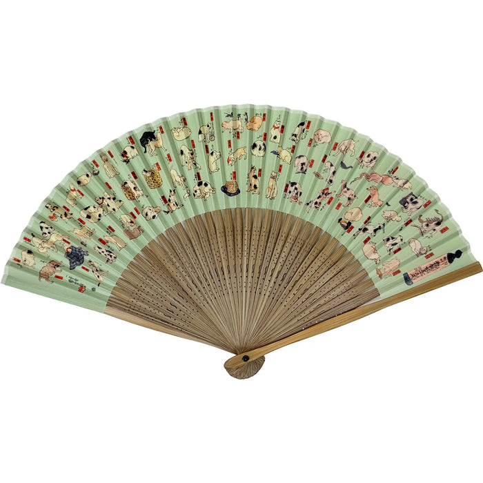 Edo patterned folding fan No.03 Neko Machiyo, white-green