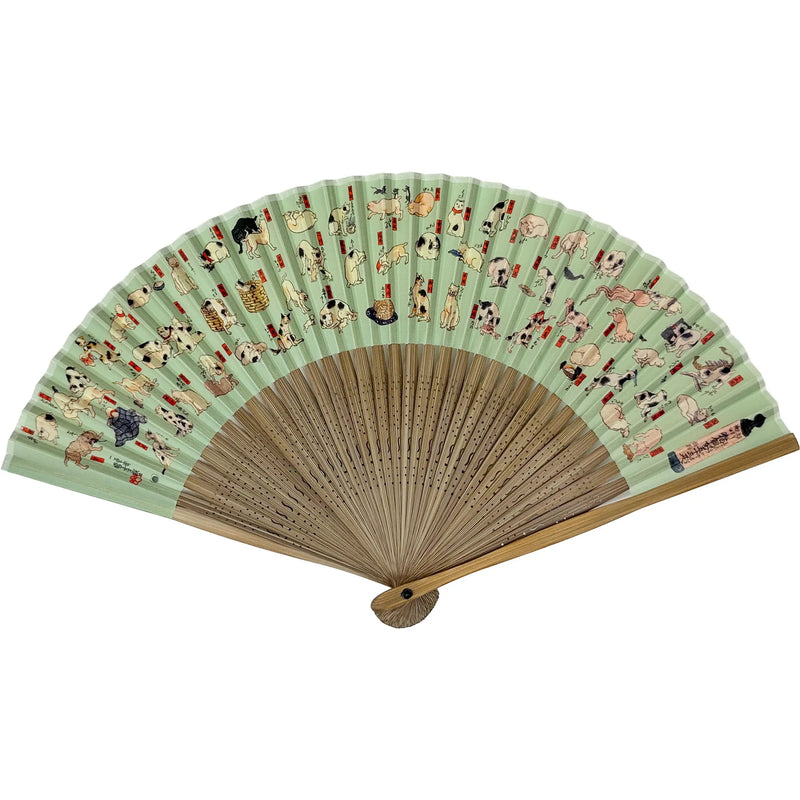 Edo patterned folding fan No.03 Neko Machiyo, white-green