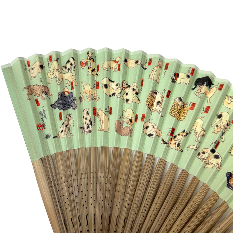 Edo patterned folding fan No.03 Neko Machiyo, white-green