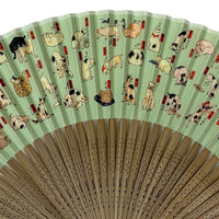 Edo patterned folding fan No.03 Neko Machiyo, white-green