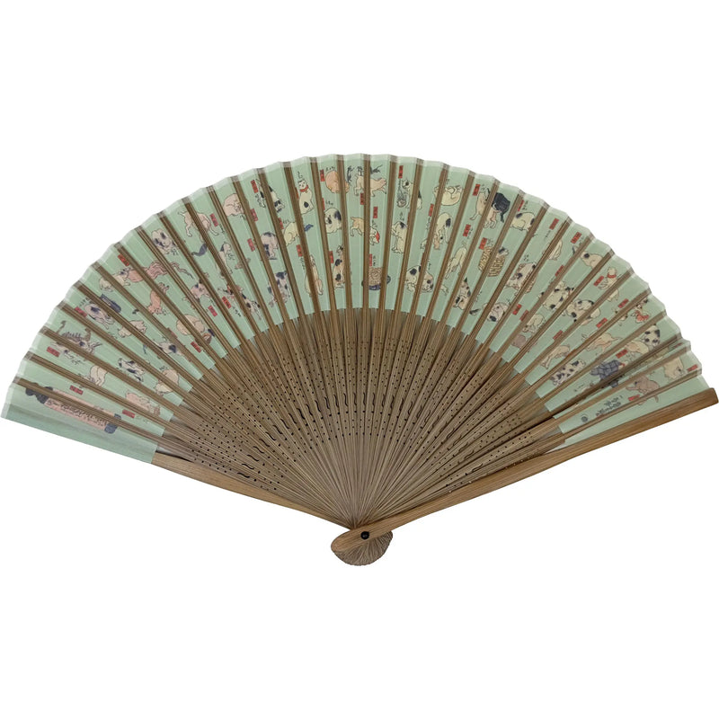 Edo patterned folding fan No.03 Neko Machiyo, white-green