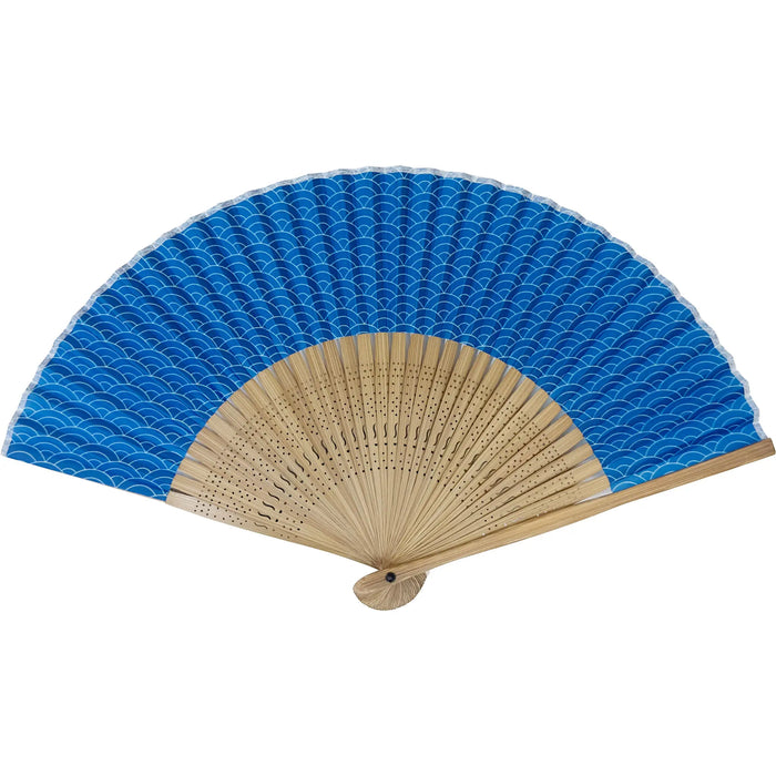 Eventail pliant à motifs Edo No.06 Vague de mer bleue, bleu bleu