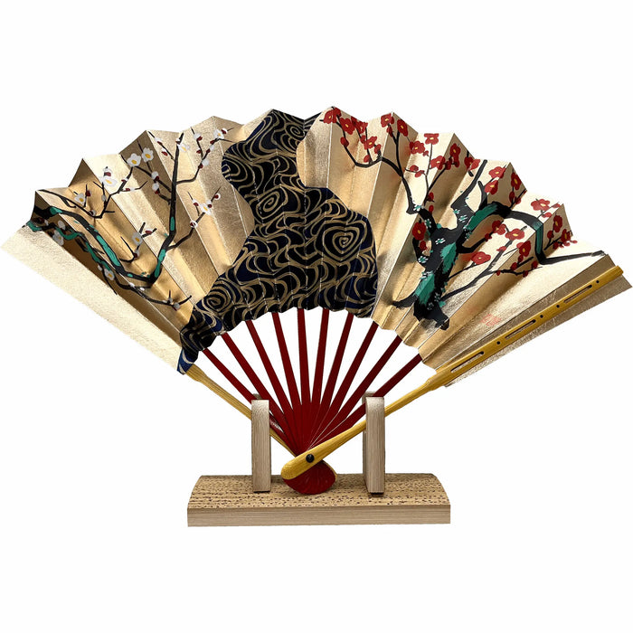 【名入れ専用】春慶塗　飾り扇子　紅白梅　扇子立て　箱つき