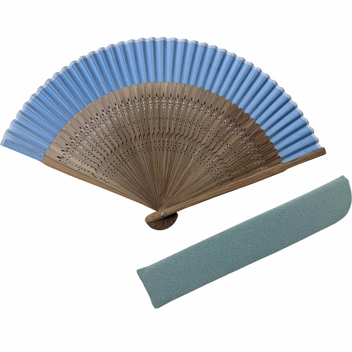 Eventail en soie, set de sacs pour éventail, boîte en papier, renouée du Japon (bleu clair).