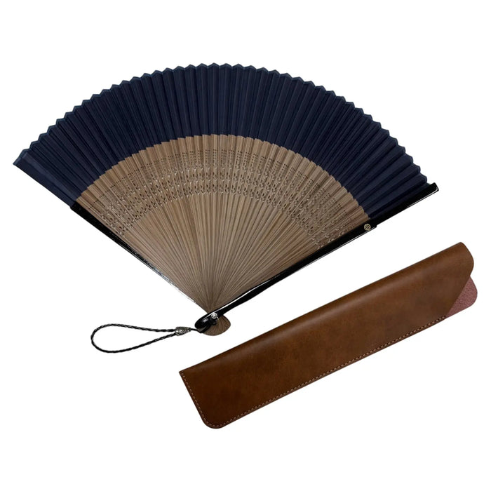 Ibasen originaler kurzer Fächer, Ledertasche mit Fächer, in Paulownia-Schachtel, marineblau.