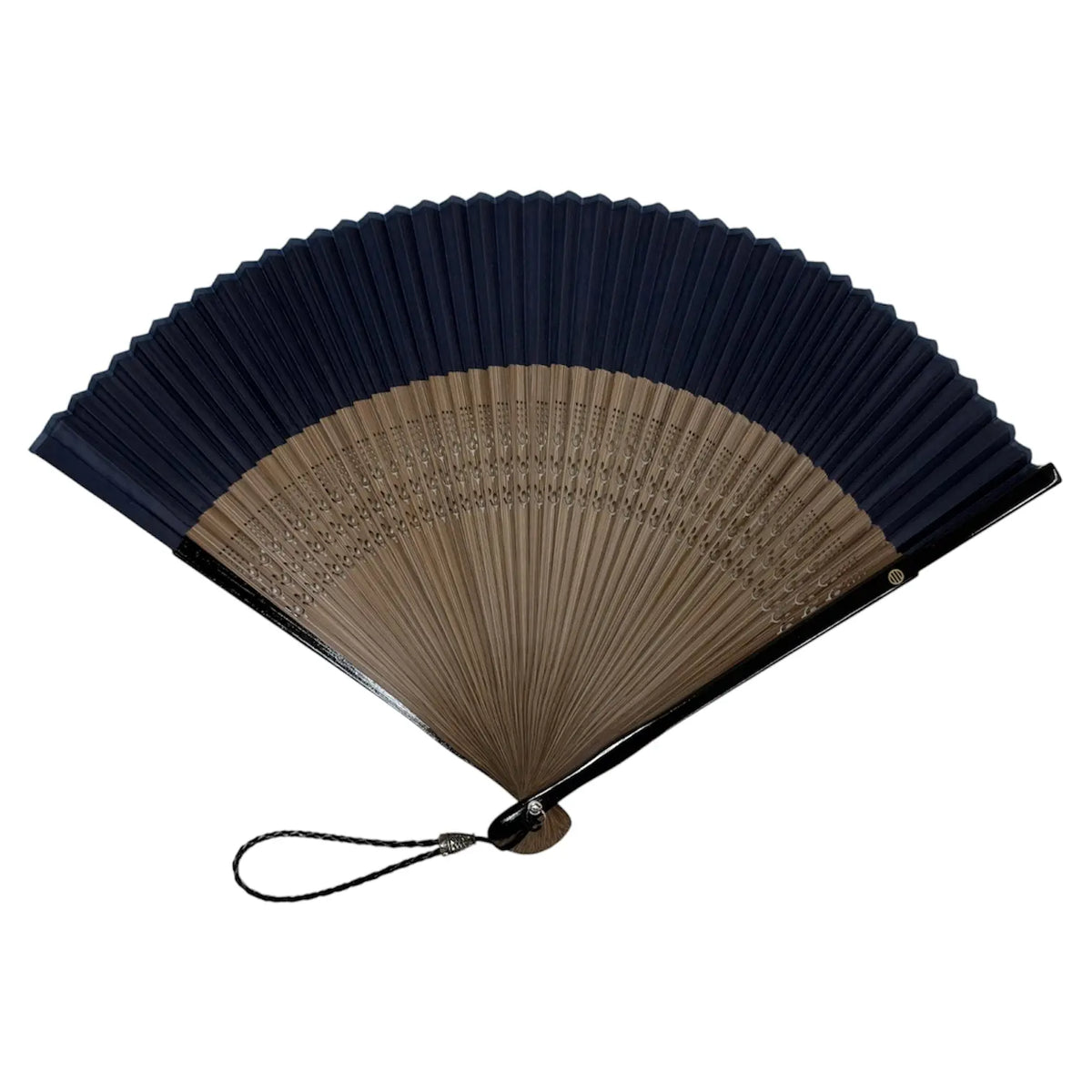 伊場仙オリジナル　短地扇子　革製扇子袋セット　桐箱入り　紺