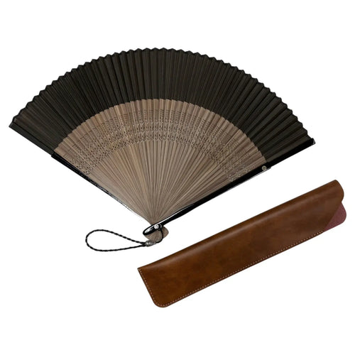 IbasenOriginal Short-ground folding fan Leather folding fan Bag Set in Paulownia Box Olive
