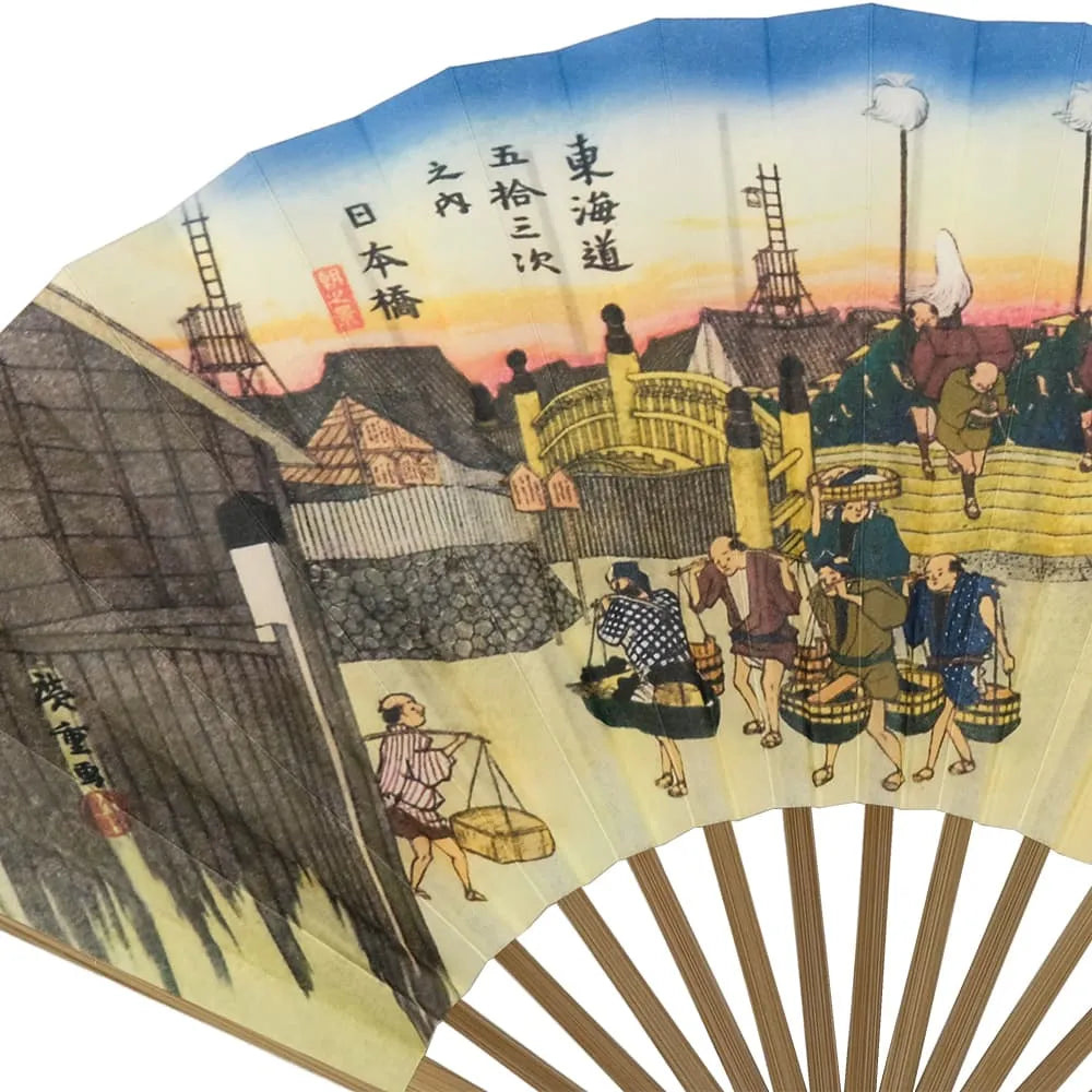 Éventail d'Edo n° 3 Ukiyoe : 53 étapes de la route du Tokaïdo, Hiroshige, Nihonbashi.