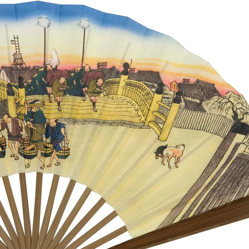 Éventail d'Edo n° 3 Ukiyoe : 53 étapes de la route du Tokaïdo, Hiroshige, Nihonbashi.
