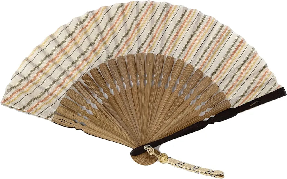 Ojiya Schrumpf-Fächer, drei Farben, für Frauen, mit Fächertasche, in Paulownia-Box.