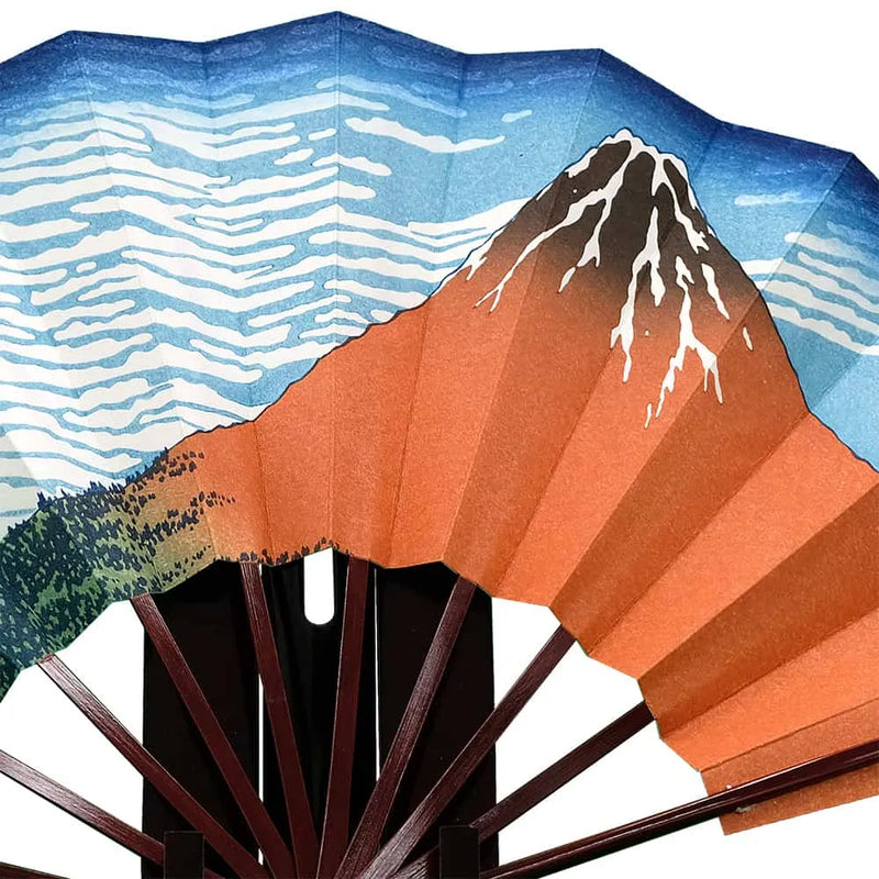 Ukiyoe woodblock print fan, Hokusai "Fugaku Sanjurokkei" (Thirty-six views of Mt. Fuji), Red Fuji, with box and fan stand