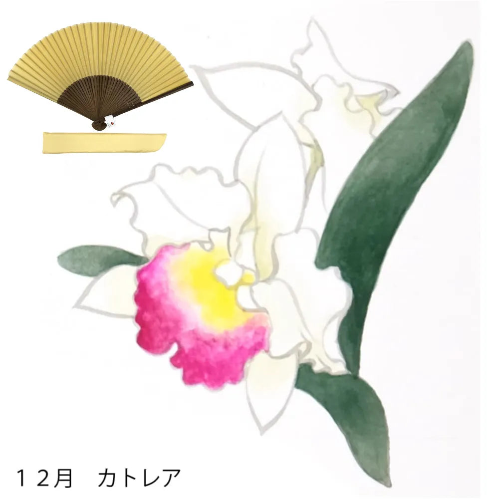 Silk folding fan, flower pattern for December, hand-painted price + silk folding fan