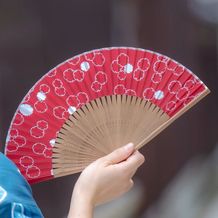 Edo patterned folding fan No.9, Kitcho design, snow-wreath, red