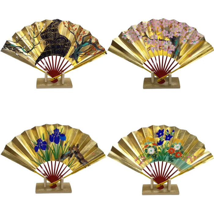 Four Seasons Decorative Fan, set of four, with spring, summer, autumn, and winter fan stand and paulownia box