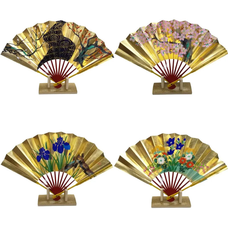 Eventail décoratif des quatre saisons, set de quatre, avec support d'éventail et boîte en paulownia, printemps, été, automne et hiver.