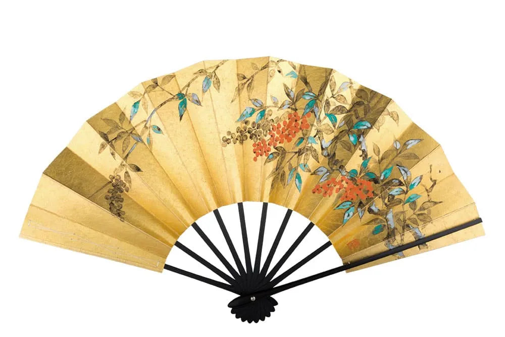 金もみ松に紅葉の柄 金もみ額紫陽花の柄仕舞扇