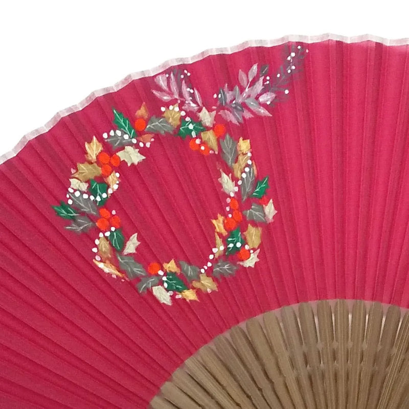 Christmas wreath illustration on a silk fan, hand-painted + silk fan (coral and dragonflower colors only)