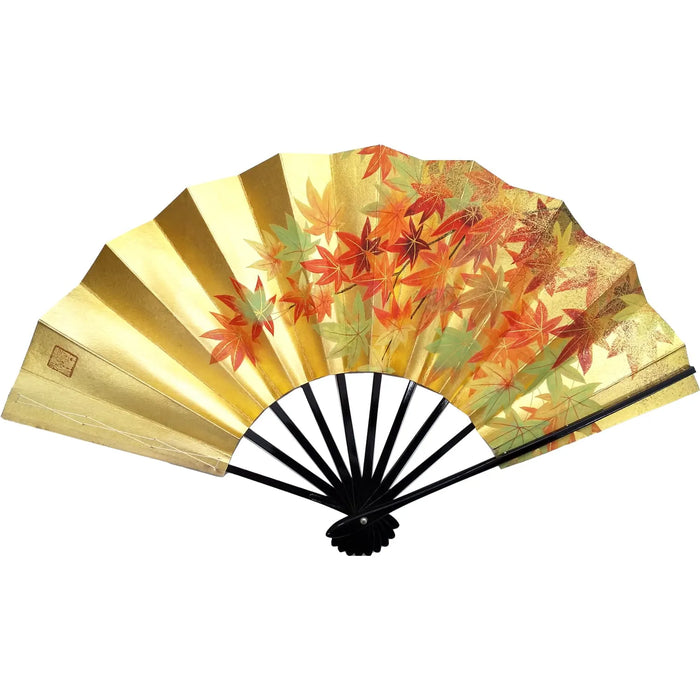 Hand-painted decorative fan, one of a kind, genuine gold, red leaves