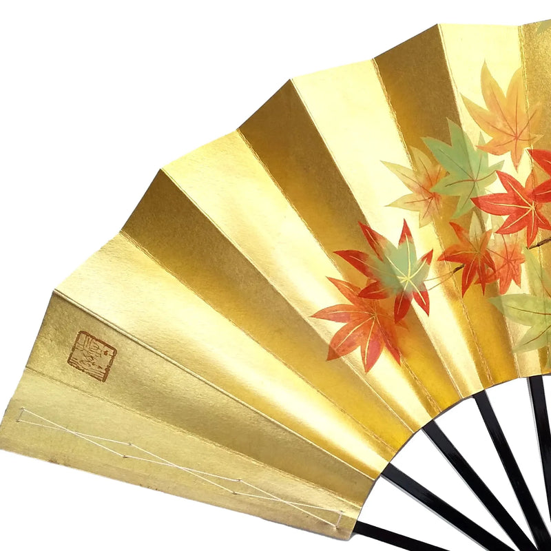 Hand-painted decorative fan, one of a kind, genuine gold, red leaves
