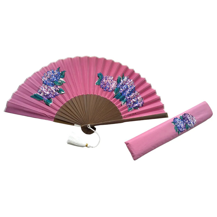 Seidenfächer, rosa mit Hortensieneinsatz, Unikat, Nr. 2 mit Quaste, in Paulownia-Box.