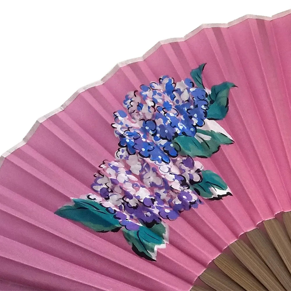 Silk fan, pink with hydrangea illustration, one of a kind, No.2, with tassel, in paulownia box