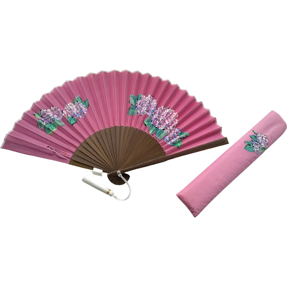 Silk fan, pink with hydrangea illustration, one of a kind, No.1 with tassel, in paulownia box
