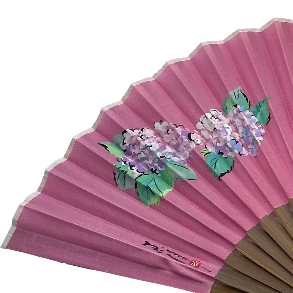 Silk fan, pink with hydrangea illustration, one of a kind, No.1 with tassel, in paulownia box